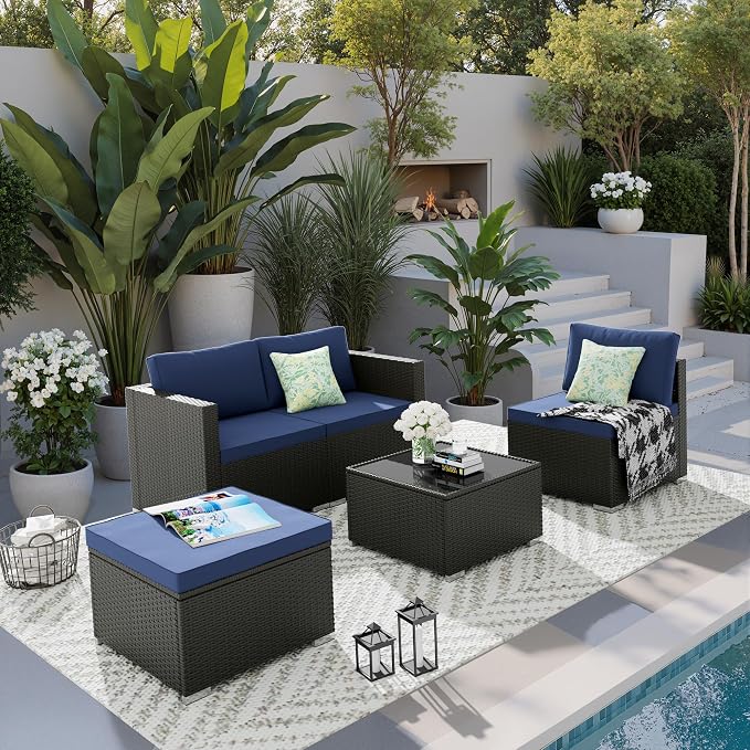 5 Piece Patio Furniture Sets, All-Weather PE Rattan Wicker Outdoor Sectional Sofa with Cushions and Glass Table for Garden Backyard Poolside