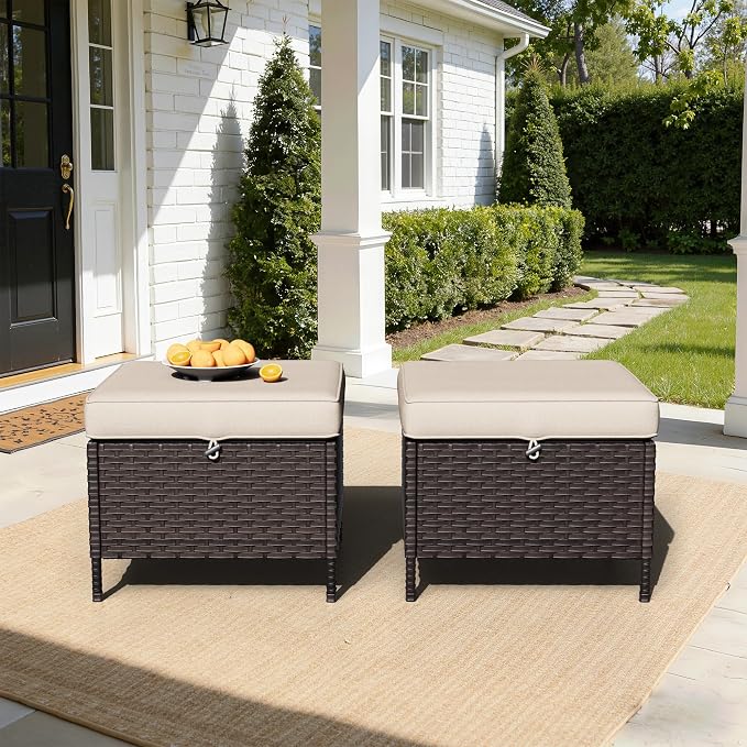 Outdoor Ottomans with Weather-Resistant Cushions, PE Rattan Patio Conversation Set for Backyard, Deck, Porch, Sunroom (Beige)