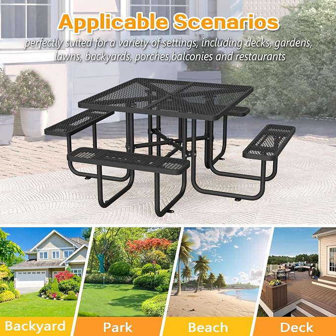 46'' Square Metal Picnic Table with 1.73" Umbrella Hole, Heavy-Duty Commercial Grade Steel Table Set, Rust Resistant Mesh Tabletop, Smooth Round Corner Design for Patio, Garden, Park & BBQ, Black