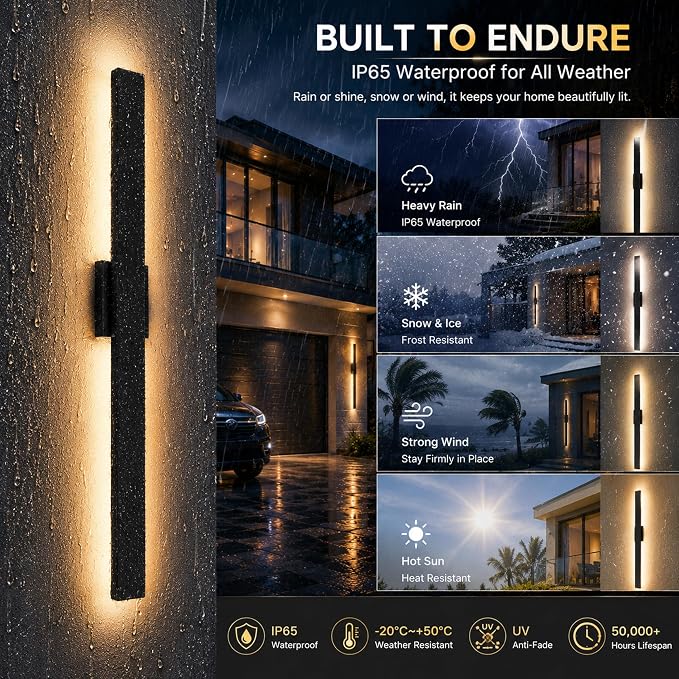 2Pack Modern Outdoor Wall Lights Dimmable,39" Linear Led Exterior Wall Light,3CCT, Aluminum& PC,IP65-Waterproof, Long Exterior Lighting Fixtures for Front Door,Stair, Black,Wall,Garage