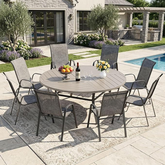 DIFY 9 Piece Outdoor Dining Set, 53" Grey Wood-Like Round Metal Dining Table and Grey Textilene Stackable Patio Chairs, Patio Table and Chairs Set for 8 with Umbrella Hole for Backyard Garden Deck