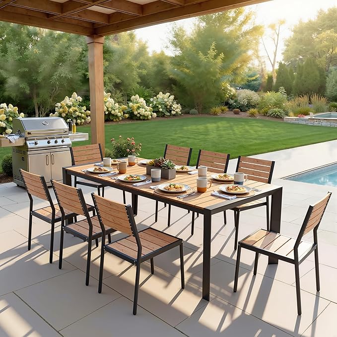 Crestlive Outdoor Dining Table for 8, Patio Table with Umbrella Hole, Aluminum Frame & WPC Wood-Like Tabletop Ideal for Garden, Backyard, and Indoor