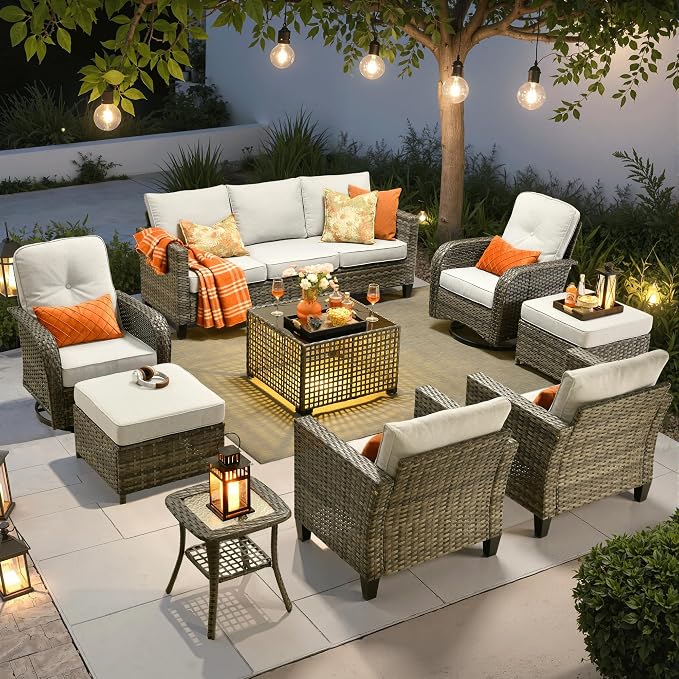 ovios 9 Pieces Patio Furniture Set, Outdoor Wicker Sofa Couch with Swivel Glider Chairs Solar Lights Table, Modern Deep Seat Rattan Conversation Sets for Deck Porch, Grey