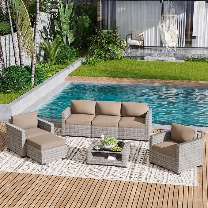 LOUVIXA 7 Piece Outdoor Patio Furniture Set, Rattan Chairs Glass Table Wicker Conversation Seating Sectional Sofa with Cushions (Grey White-Camel, 7Pcs-2 Layer Coffee Table)