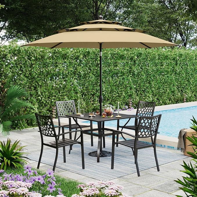PHI VILLA 5 PCS Patio Dining Set w/10ft 3 Tier Umbrella(Beige) | 37" metal table w/ umbrella hole &4 stackable chairs& 10ft beige umbrella. Rust-resistant e-coated frame. Perfect for patio