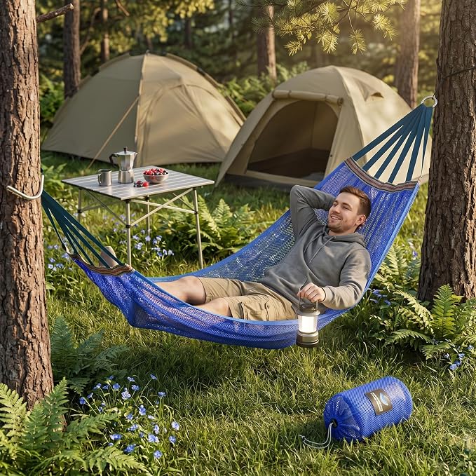 Camping Hammock Lightweight Portable, Anti-roll Breathable Mesh Outdoor Hammock with Tree Straps & Carry Bag, Blue (102.36x51.18in)