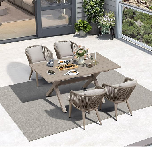 PURPLE LEAF 5 Pieces Patio Dining Set Wicker Outdoor Furniture Rectangular Table and Chairs Set for Garden Deck Aluminum Frame Backyard Kitchen Set, Cushions and Pillows Included Champagne