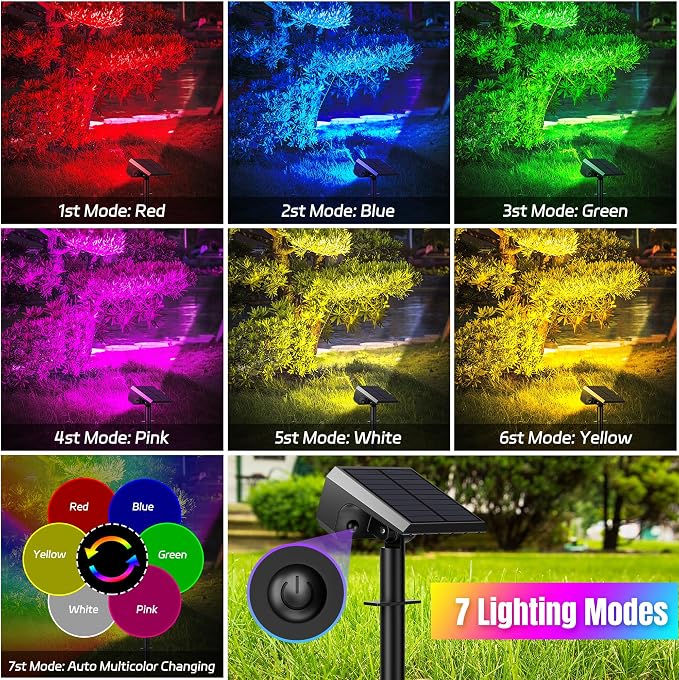 Solar Spot Lights Outdoor RGB Color Changing, 4 Pack, 28 LED | IP67 Waterproof, 7 Modes Auto On/Off, for Yard Garden Pathway Walkway Tree Patio Driveway