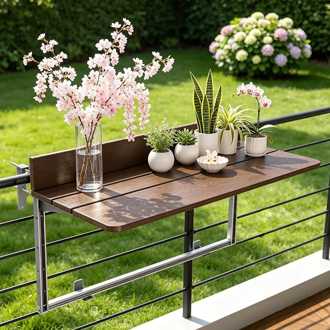Balcony Bar Table for Railings, Outdoor Hanging Folding Adjustable Height Deck Rail Table for Patio, Garden, Rustproof Aluminum Alloy Frame,Weather Resistant, Easy Assembly