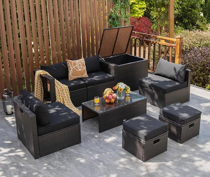 COSTWAY 8-Piece Outdoor Patio Furniture Set, Rattan Sectional Sofa, Armless Chairs, Side Table with Storage Ottoman & Glass Coffee Table, Space-Saving Conversation Set for Garden Deck (Black)