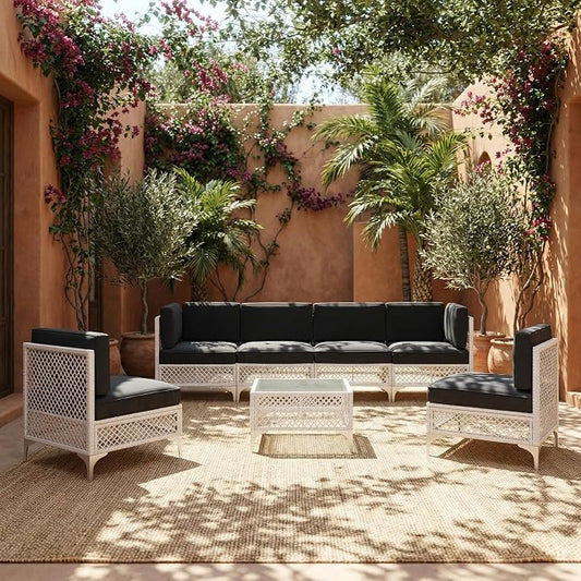 7-Piece Outdoor Sofa with Thick Cushion, Lightweight Patio Sectional with Effortless Assembly, Space-Saving Outdoor Furniture Set & Easy-Clean Open Weave Wicker for Backyard, Garden (Gray)