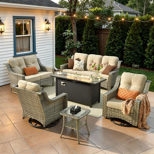 6 Piece Patio Furniture Set with Fire Pit Table, Conversation Sets with High Back Swivel Rocker Chairs, Outdoor Wicker Sofa Loveseat with Comfy Cushion for Backyard Deck Garden, Beige
