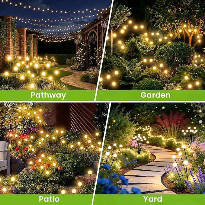 Solar Lights Outdoor(8 Pack,64 LEDs),Solar Lights Outdoor Waterproof for Garden Decor,4 Modes Firefly Light for Outdoor Decor,Big Bulb High Lumens Patio Decor,Sway by Wind,Gardening Gifts for Women