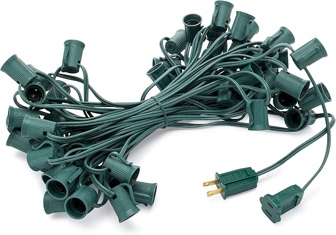 C9 Light Strings | 50' Green Cord with 12" Socket Spacing, E17 Light Stringer for C9 Christmas Lights