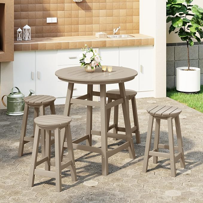 WestinTrends Malibu 5-Piece HDPE Outdoor Patio Dining Bar Bistro Table Set with Counter High Round Bar Stools