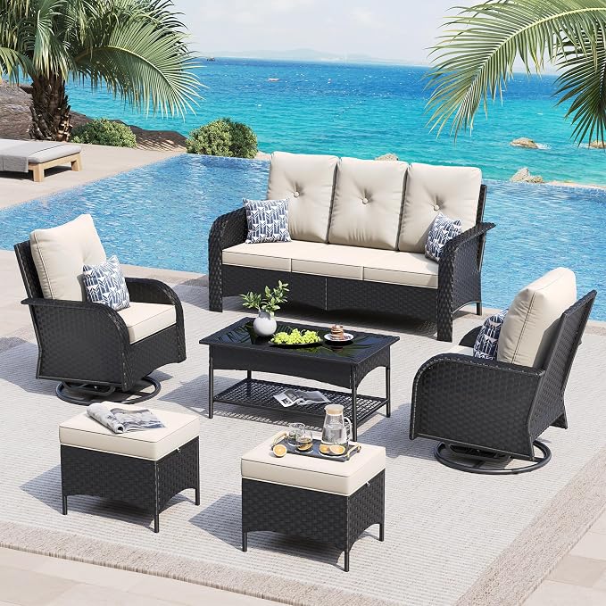 UDPATIO High Back Patio Furniture Set with 2 Swivel Rocker Chairs, Wicker Outdoor Conversation Sets with Thick Cushions & Ottoman, for Garden, Porch