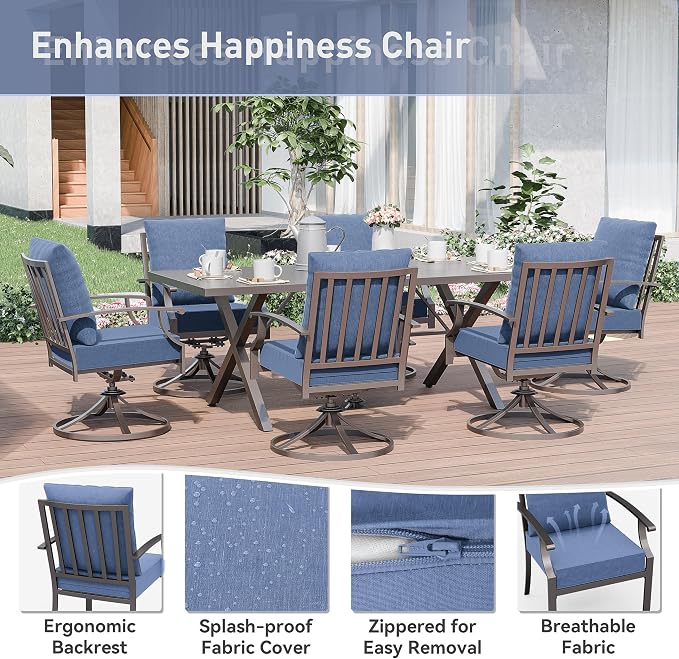 Kurapika 7 Pieces Patio Dining Set Outdoor Furniture with 6 Swivel Chairs, Metal Patio Furniture Set 6 Chairs and Large Table with Umbrella Cutout for Yard Porch Deck, Navy Blue