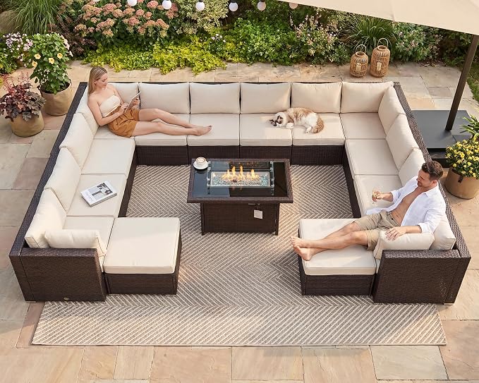 NICESOUL 15 Piece Outdoor Sectional with Fire Pit Table, Modern Luxury Patio Deep Seating w/Firepit, 29.3'' High-Back Wicker Couch Thick, Big High-Weight Capacity Sofa for Garden, Yard, Brown & Beige