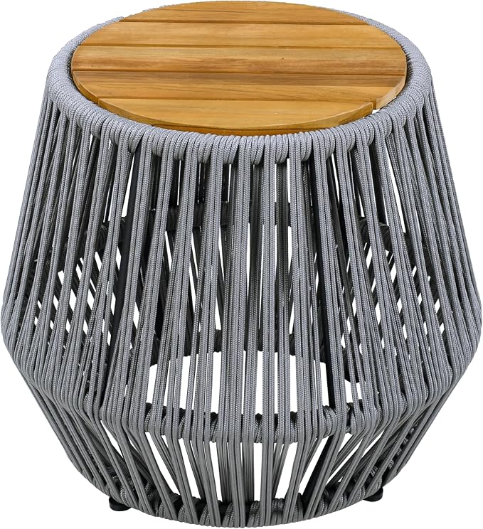 Merax Bohemian Round Outdoor Side Table with Acacia Wood Top and Grey Handwoven Rope Base, Boho Patio Coffee Table for Garden, Pool, Deck, Balcony, Yard
