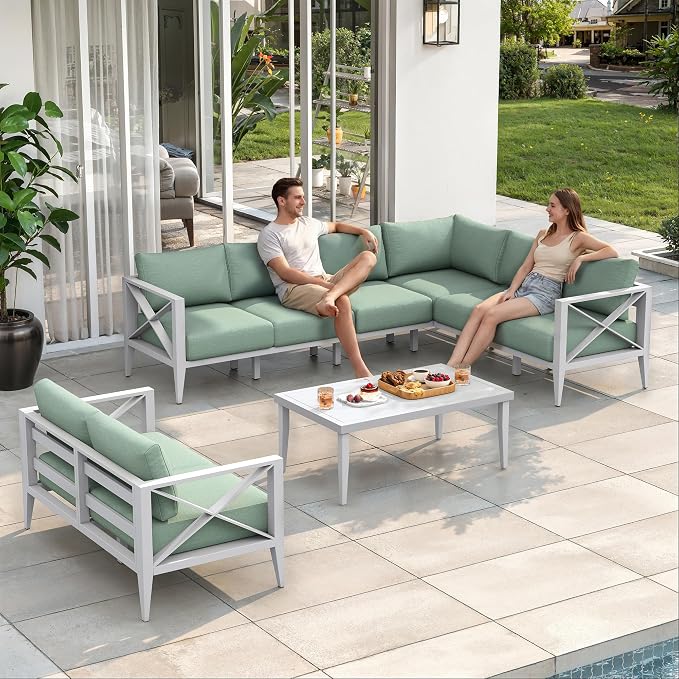 Patio Sectional Sofa Set 8 Seat Outdoor Conversation Set with Cushions, Aluminum Patio Furniture for Backyard Deck Garden Seating