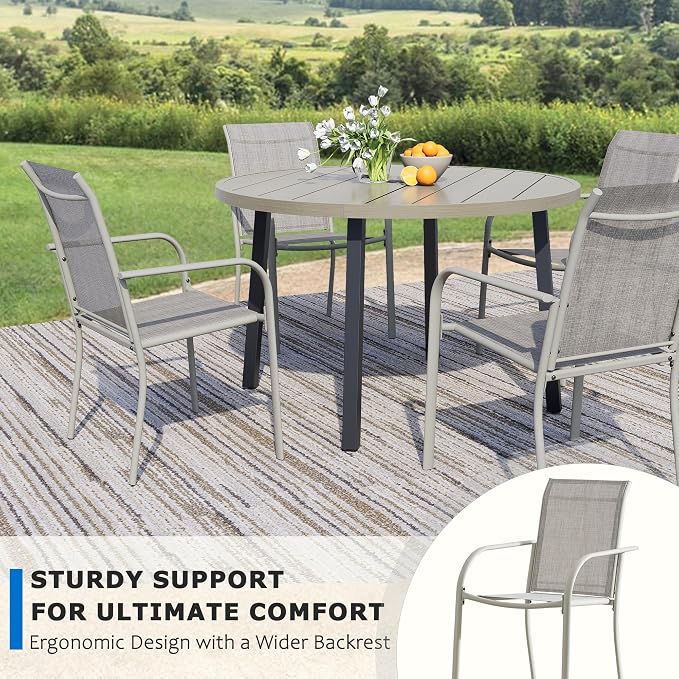 5-Piece Patio Furniture Set, Patio Table and Chairs Set of 4, Ivory Round Patio Table and Grey Chairs, Patio Furniture Set for Garden, Yard, Patio