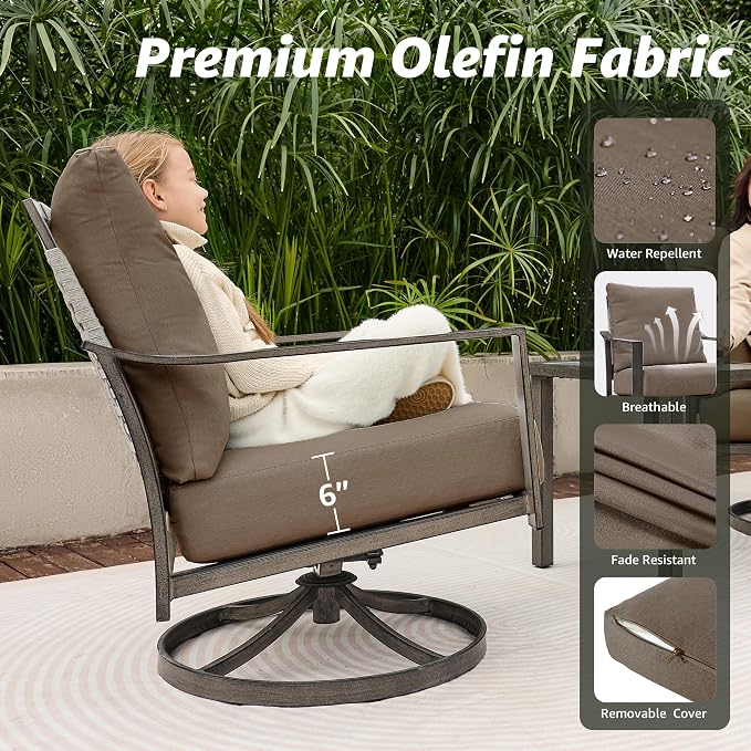 NATURAL EXPRESSIONS Patio Furniture Set,4 Piece Outdoor Conversation Metal Swivel Rocking Chairs Set with Hand-Woven Rope High Back,Sturdy Hand Brushed Wood Grain Finish Frame,6" Cushions for Yard