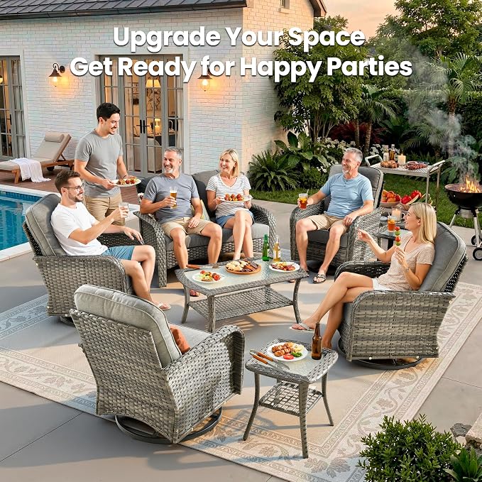 8 Piece Wicker Patio Furniture Set with Swivel Chairs, Dark Gray | 4 Swivel Rocker Chairs, High Back Loveseat Sofa, Coffee Table, Rattan Outdoor Conversation Set, Porch Deck Backyard Poolside
