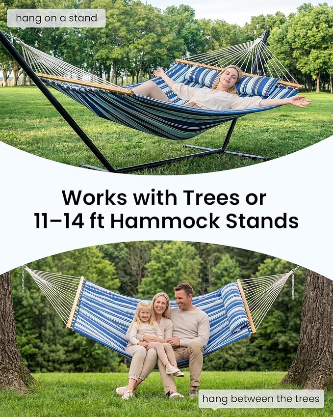 ANAGOO Double Hammock with Spreader Bar & Pillow, 2-Person Portable Hammock, 500lbs Capacity for Outdoor Camping, Patio, Backyard, Garden, Beach & Travel Relaxation – Blue