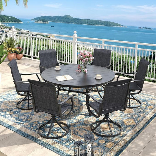 Outdoor Dining Set for 6, 50" Metal Round Outdoor Dining Table with Umbrella Hole and Sling Patio Swivel Chairs, 7 Pieces Patio Table and Chairs Set for Garden Backyard, Charcoal and Black