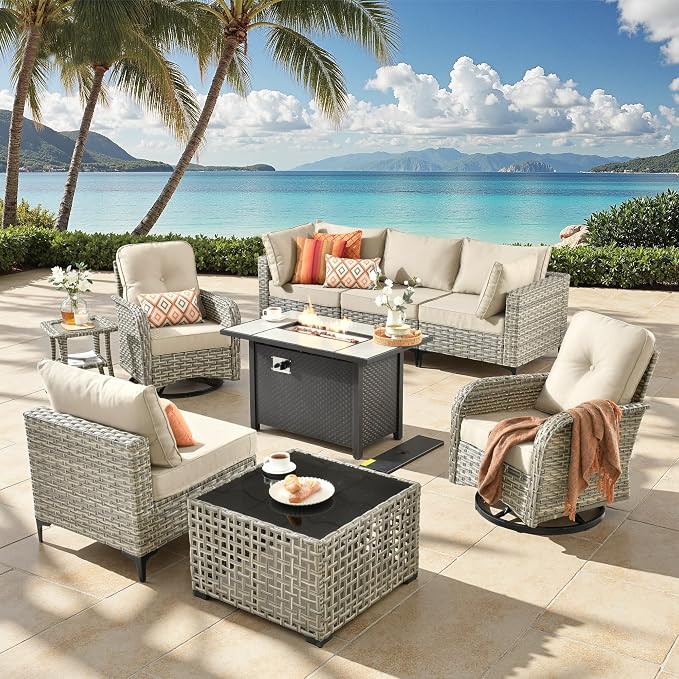 9-Piece Outdoor Patio Furniture Set with Fire Pit Table, Outdoor Conversation Wicker Sofa with Swivel Chairs, Rattan Couch with Coffee Table for Deck, Backyard, Poolside (Beige)
