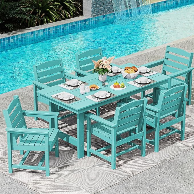SERWALL 7 Pcs Outdoor Dining Set, 1 Umbrella Hole Table & 6 Chairs, Aruba | HDPE Outdoor Dining Furniture with Rectangular Table & 6 Chairs, All-Weather Resistant SERWALL Dining Set for 6