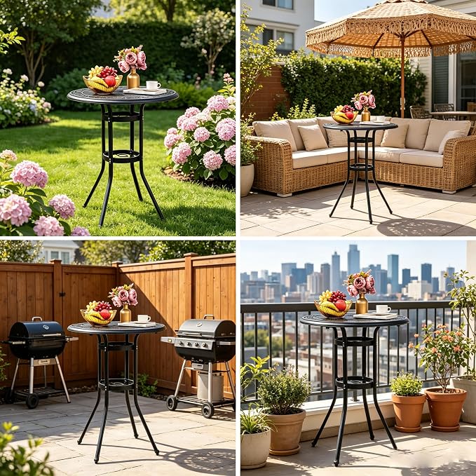 Bar Height Patio Table- Round High Top Outdoor Table, Small Pub Height Bistro Tables, Cast Aluminum All Weather Cocktail Tables with Umbrella Hole & Antique Design 41" H for Yard Porch Garden