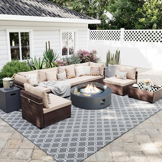 UPHA 9 Pieces Patio Furniture Sets, Wicker Outdoor Sectional Sofa Couch with Round Propane Pit for Deck Backyard Garden, Brown Rattan, Beige Cushion