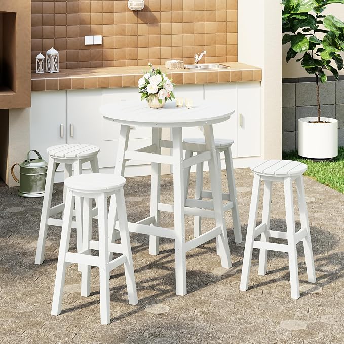 Costaelm Patio Bistro Table, 42" Counter Height Round Patio Cocktail Bar Table with Umbrella Hole, Outdoor Bistro Dining Pub Table for Front Porch Deck Backyard Garden, White