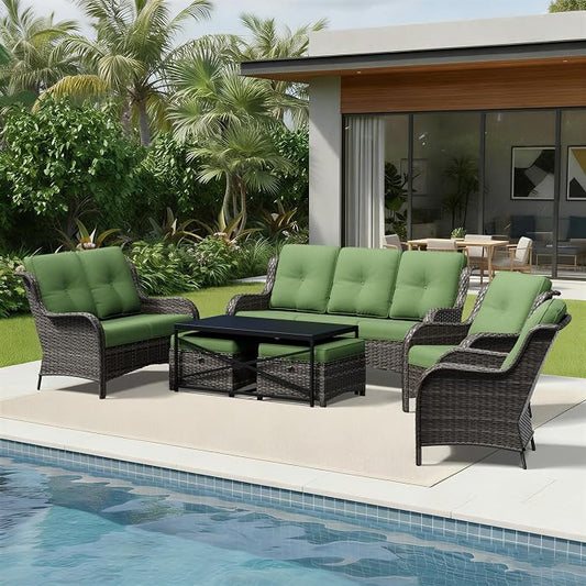 Joyside 7 Piece Wicker Patio Furniture Set, Rattan Patio Chairs with High Back, Deep Seating, Wide Armrest, Thickened Cushions, Outdoor Furniture for Deck, Porch Use