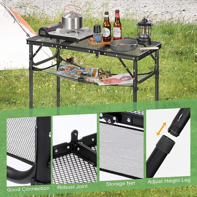 RedSwing Tri-fold Folding Picnic Table, Lightweight Height Adjustable Iron Frame Table with Mesh Layer for Outdoor Camping Picnic BBQ, Black