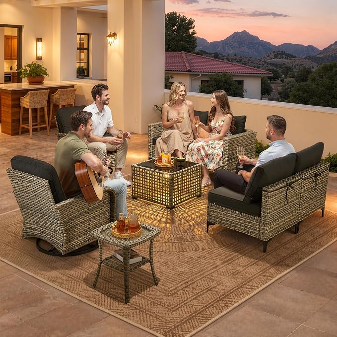 CAODOC Outdoor Sectional Patio Furniture Set,8 Pieces Wicker Conversation Sets L Shaped Couch,Out Door Sofa Outside Furniture with Swivel Chairs,Black