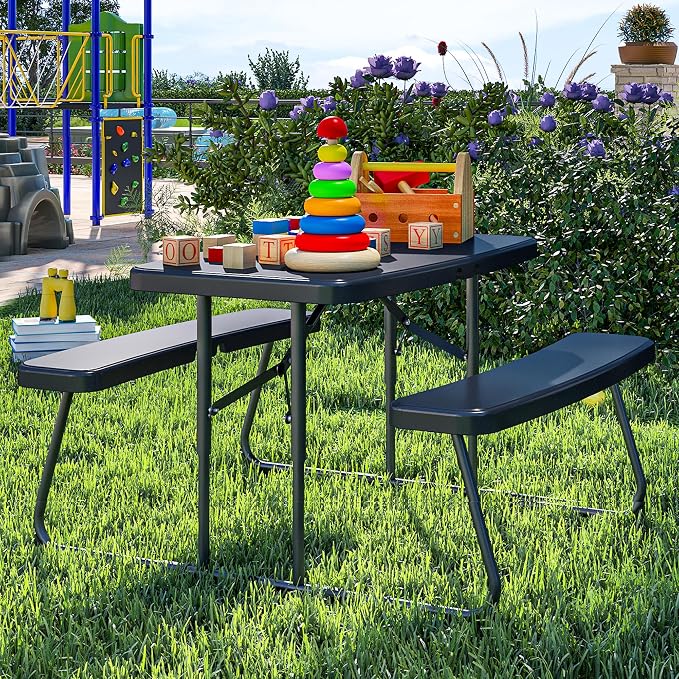 DWVO 37" Picnic Table, Folding Picnic Tables for Outdoors with Weather Resistant Resin Tabletop & Stable Steel Frame for Yard Patio Lawn Party, Black