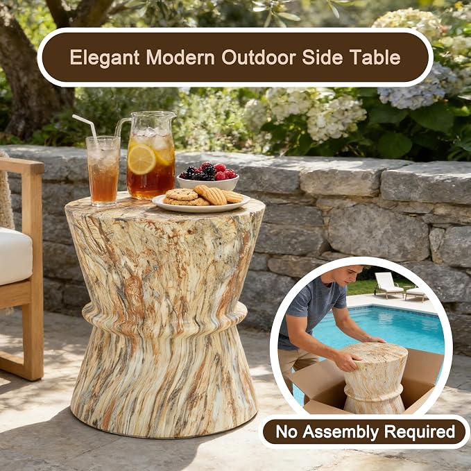 Round Outdoor Side Table, Modern MGO Concrete End Table with Faux Stone Finish, Hourglass-Shaped Patio Side Table for Living Room Garden Balcony,Fully Assembled,Amber Brown