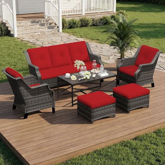 6 Pieces Patio Furniture Set, Outdoor Furniture Set with 2 Patio Chairs, 2 Ottoman, 1 Outdoor Wicker Sofa, 1 Metal Table, Ideal for Backyard, Garden, Poolside, Red