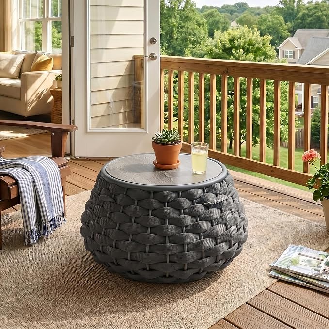 28 inch Outdoor Side Table, Large Patio End Table with Removable Lid Round Accent Side Tables with Metal Frame and Hollow Out Bottom for Patio, Balcony Porch, Poolside, Garden, Yard (Gray)