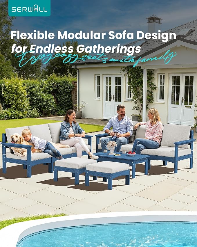 SERWALL 9 Pieces Patio Conversation Set, All-Weather HDPE Outdoor Sectional Sofas with Removable Cushions and Coffee Table, Extra-Large Furniture Set for Backyard, Blue Frame with Khaki Cushion