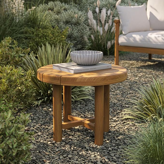Modway Eleni 20-Inch Outdoor Teak Wood Side Table in Natural – Round Patio End Table with Slatted Top for Patios, Decks, Or Gardens