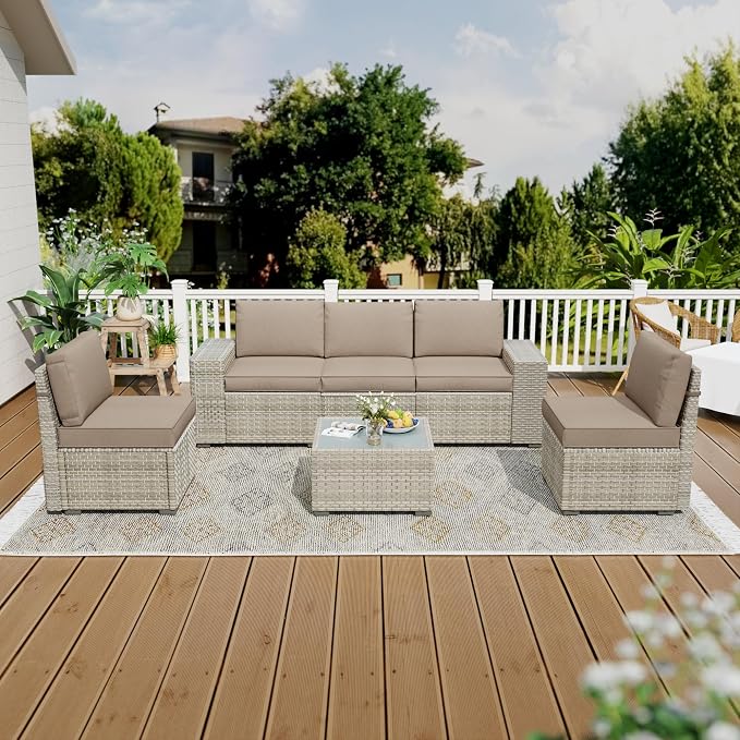 6 Piece Patio Furniture Set, 9.8" Wide Arm Sectional Sofa with Storage Armrests, All-Weather Rattan Outdoor Conversation Set for Garden, Porch, Lawn, Backyard, Balcony, Khaki