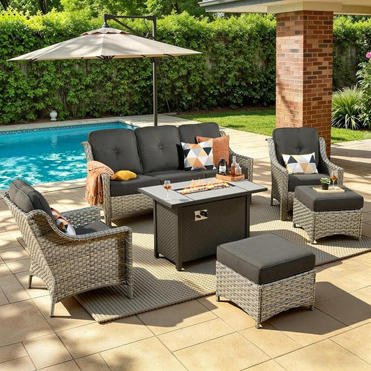 6 Piece Patio Furniture Set with Fire Pit Table, Outdoor Wicker High Back Sofa Chairs Ottoman with Comfy Cushions, Modern Conversation Sets for Backyard Deck Garden Poolside, Black