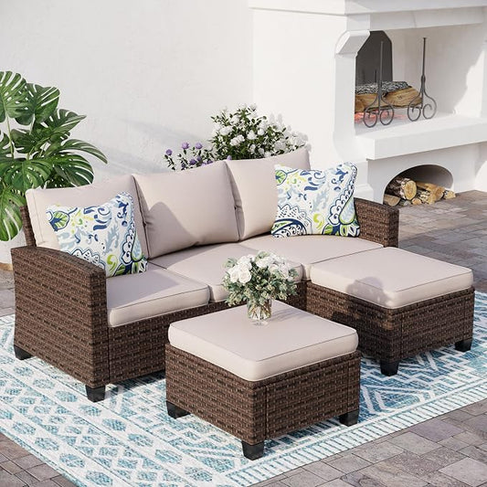 SUNSHINE VALLEY Outdoor Patio Furniture Set, 5-Seat L-Shaped Patio Couch Set with 2 Ottomans, Durable Rattan Outdoor Sofa Set for Small Patios, Modular Outdoor Couch Set for All-Weather Use, Beige