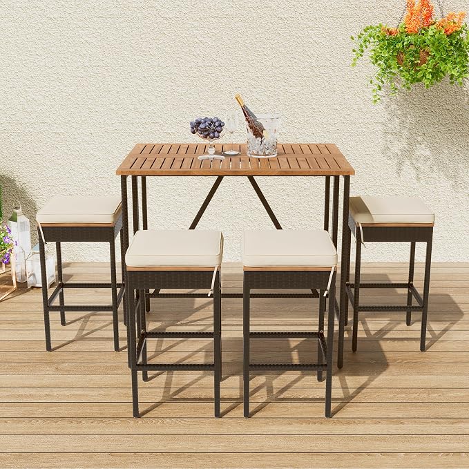 RUNNA Outdoor Acacia Wood Bar Height Table and Four Stools with Cushions, Garden PE Rattan Wicker Dining Table, Foldable Tabletop, High-Dining Bistro Set, All-Weather Patio Furniture