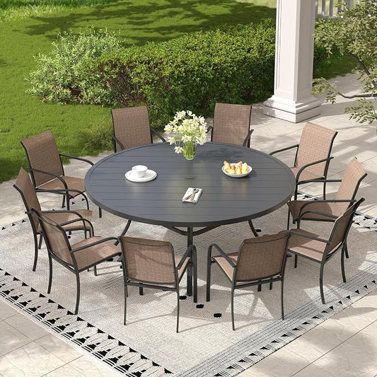 11 Pieces Outdoor Dining Set, Stackable Textilene Paito Chairs & 63" Round Dining Table with Umbrella Hole, Patio Dining Set for Backyard, Deck, Garden, Brown & Black