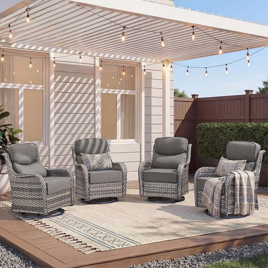 Luxury Outdoor Swivel Rocker Patio Chairs-4 Pieces High Back Swivel Rocker Patio Chairs with Thick Cushions All Weather Wicker Outdoor Furniture Set for Deck Porch Balcony(Grey/Grey)