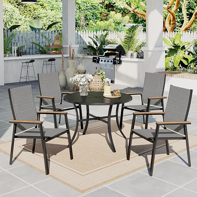 Sophia & William Round Patio Dining Set for 4 with Aluminum Chairs, Grey | Metal table, Stackable sling chairs, Breathable & quick-drying, Light-weight & space-saving, Umbrella Hole, Outdoor, 5 piece